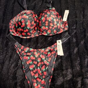 Victoria's Secret Strawberry/Cherry Print Bikini - Black and Red
